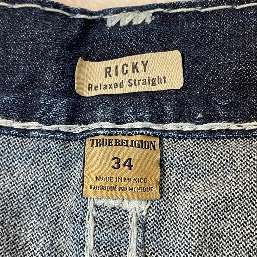 True Religion Ricky Relaxed Straight Super T Distressed Jeans Blue Mens 34